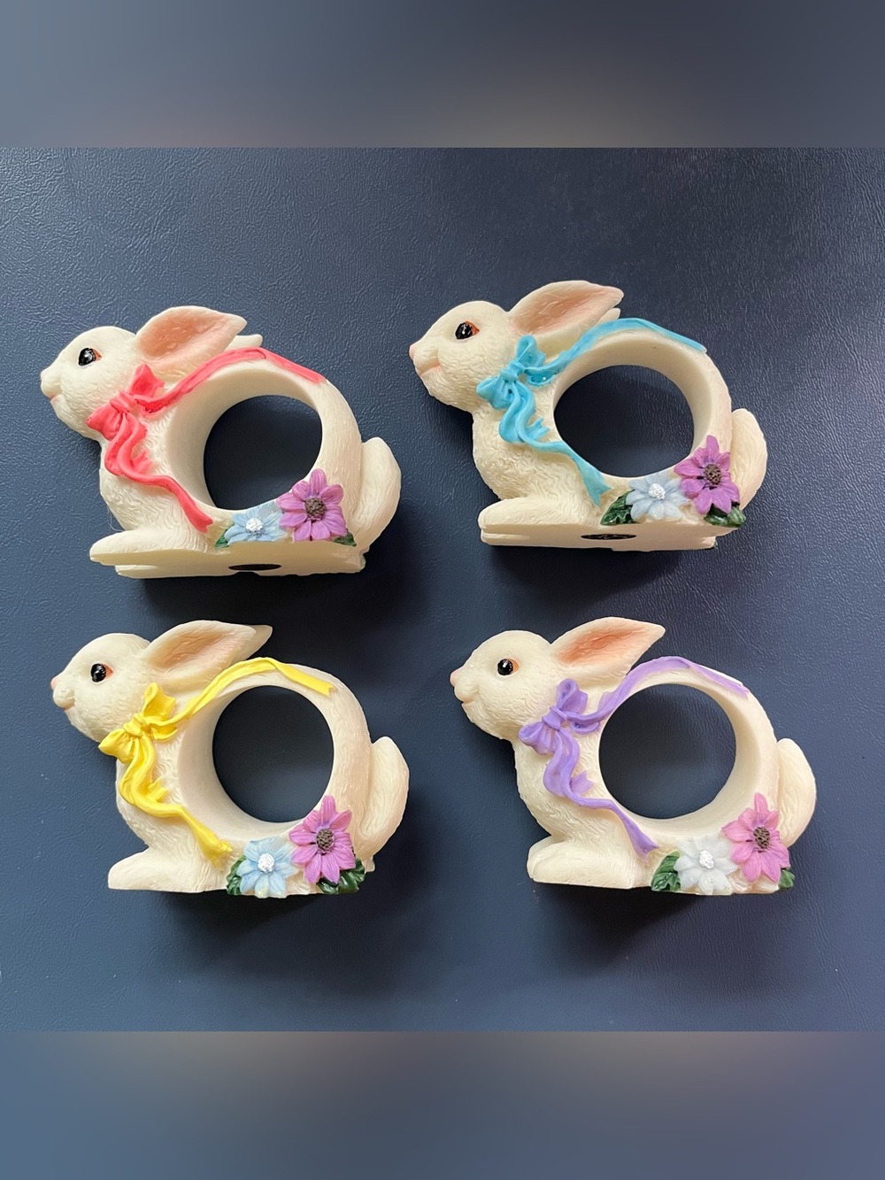 Resin Easter Spring Bunny Rabbit Floral Bows Napkin Rings - Set of 4